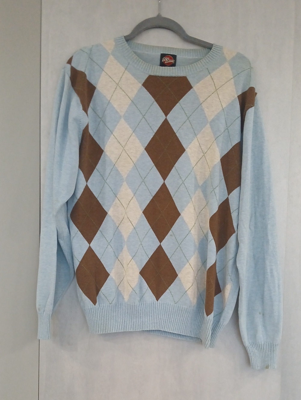 Light Blue Argyle Crewneck Sweater - Brown & Cream Pattern